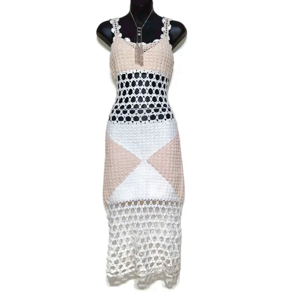 HANDCRAFTED Crochet Macrame Knit Dress Festival Midaxi Swim Cover Cream Tan S 4 - Picture 2 of 11